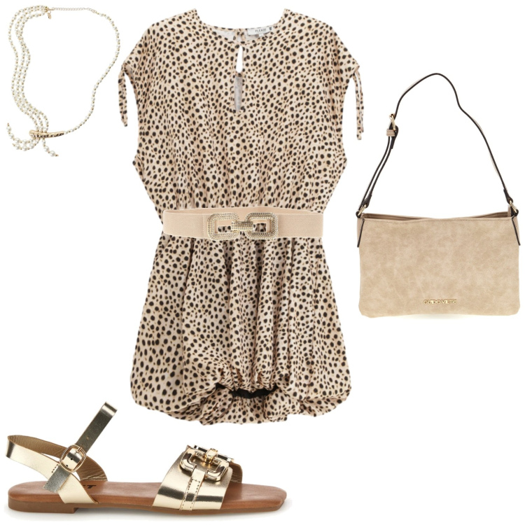 Outfit donna - Casual chic serata al mare. Stile Casual chic per Serata fuori. Abbinamento con vestiti corti, collane, sandali, cinture, borse a tracolla.