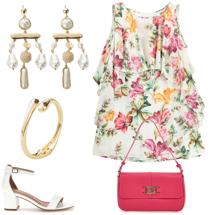 Outfit donna - Aperitivo. Stile Romantica per Serata fuori. Abbinamento con braccialetti, vestiti corti, orecchini, sandali col tacco, borse a spalla.