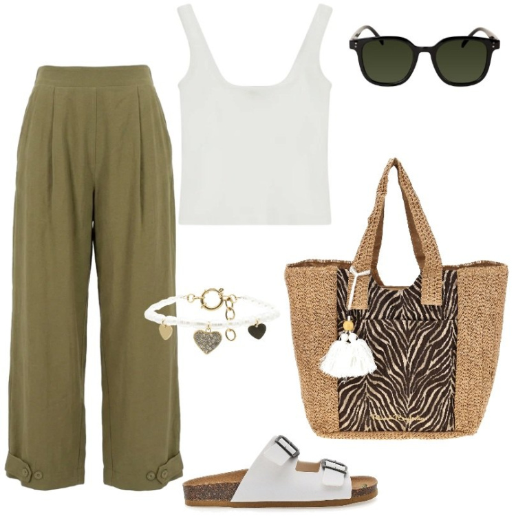 Outfit donna - Basic. Stile Basic per Tutti i giorni. Abbinamento con top, pantaloni, braccialetti, occhiali da sole, ciabatte, borse a spalla.