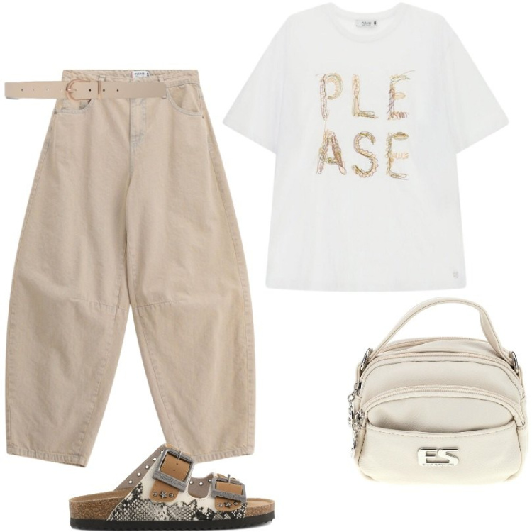 Outfit donna - Jeans baloon. Stile Urban per Tutti i giorni. Abbinamento con cinture, t-shirt, jeans, borse a tracolla, sandali.