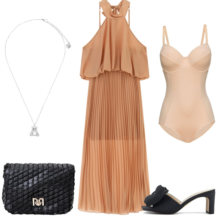 Outfit donna - Serata fuori. Stile Chic per Serata fuori. Abbinamento con body, vestiti lunghi, borse a tracolla, ciondoli, sandali col tacco.
