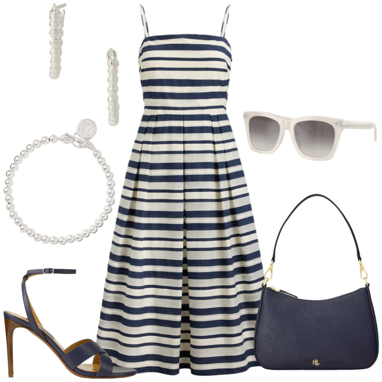 Outfit donna - Colazione al mare. Stile Vintage retrò per Tutti i giorni. Abbinamento con orecchini, braccialetti, borse a spalla, occhiali da sole, sandali col tacco, vestiti.