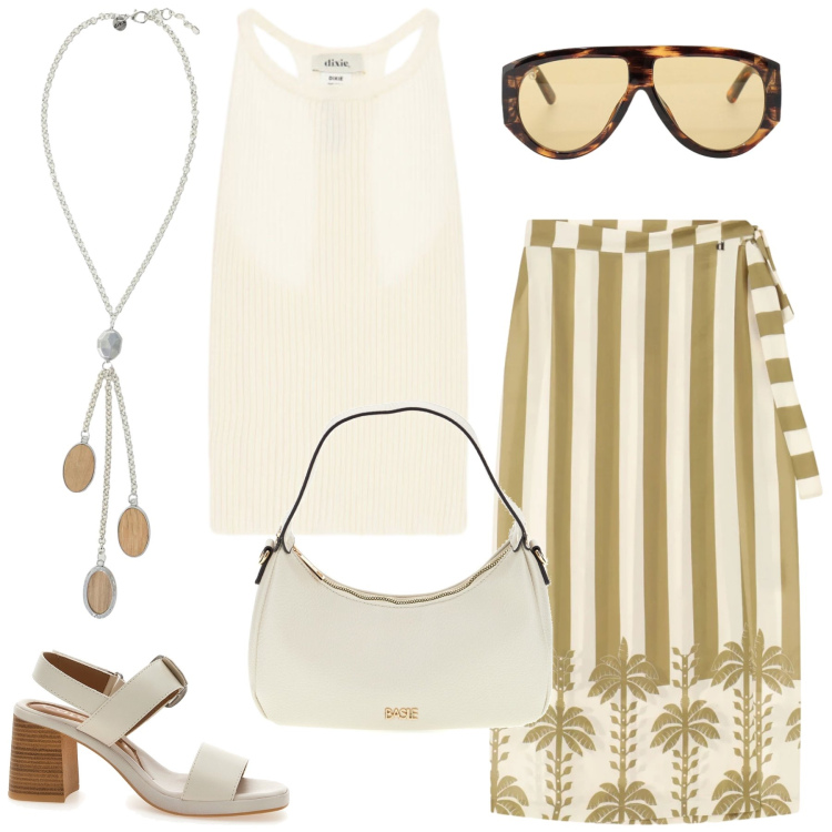 Outfit donna - Passeggiata. Stile Casual chic per Tutti i giorni. Abbinamento con gonne lunghe, top, occhiali da sole, collane, sandali col tacco, borse a tracolla.