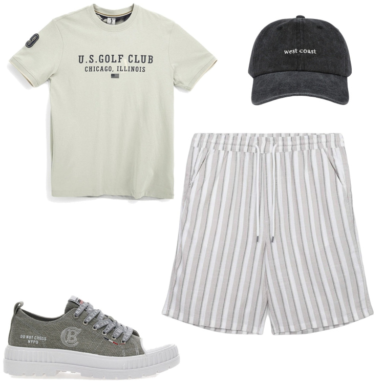 Outfit uomo - Total look #2449715. Stile Casual per Tutti i giorni. Abbinamento con cappelli con visiera, pantaloni corti, sneakers, t-shirt.