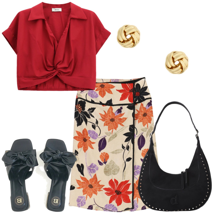 Outfit donna - In città. Stile Casual chic per Tutti i giorni. Abbinamento con borse a spalla, top, gonne longuette, orecchini, ciabatte.