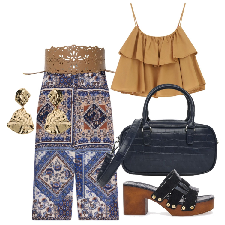 Outfit donna - Agosto. Stile Boho per Tutti i giorni. Abbinamento con cinture, borse a spalla, top, orecchini, pantaloni, zoccoli.