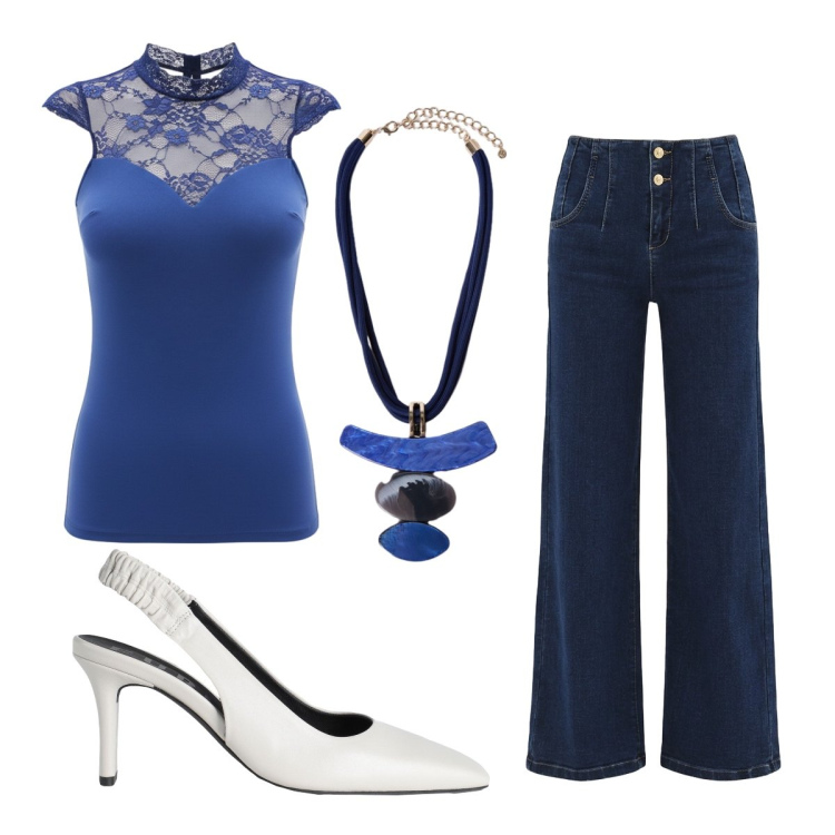 Outfit donna - Agosto. Stile Casual chic per Tutti i giorni. Abbinamento con décolleté, jeans, canottiere, ciondoli.