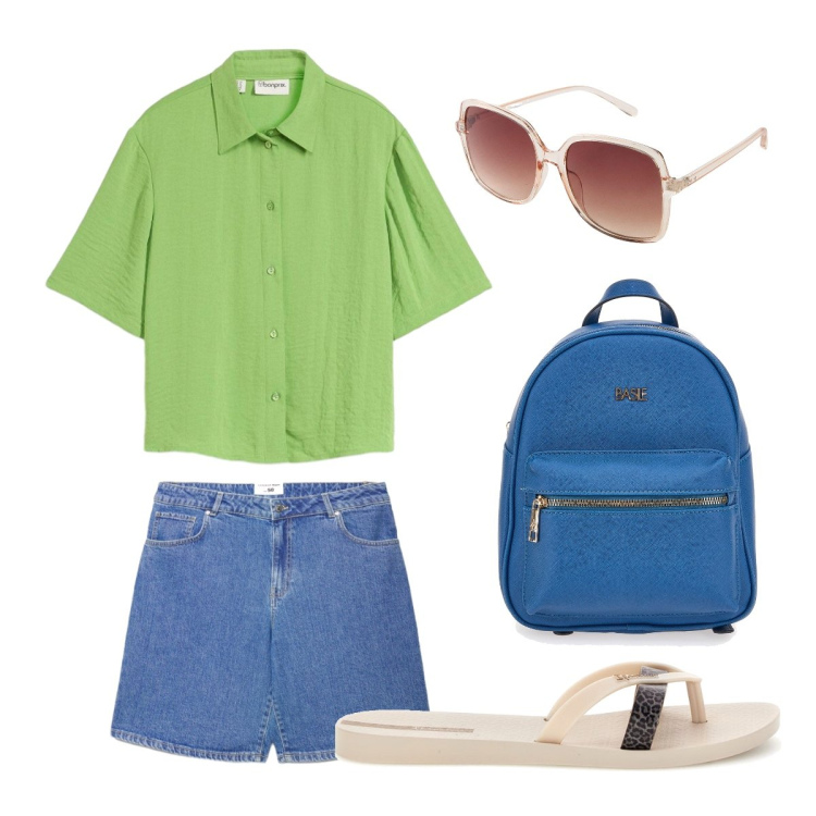 Outfit donna - Bermuda in denim. Stile Casual per Tutti i giorni. Abbinamento con camicie a manica corta, occhiali da sole, bermuda, zaini, infradito.
