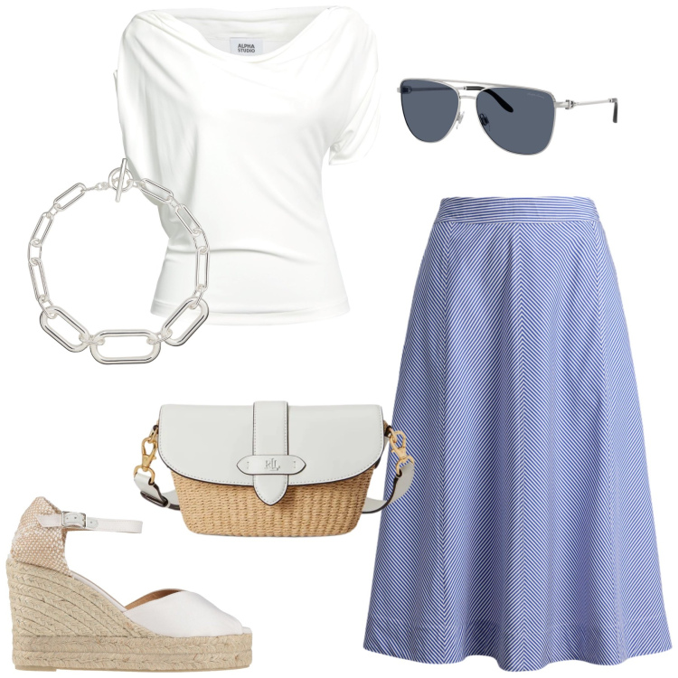 Outfit donna - Una giornata al mare. Stile Chic per Tutti i giorni. Abbinamento con top, espadrillas, borse a spalla, occhiali da sole, collane, gonne.