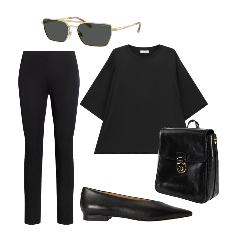 Outfit donna - Minimal chic curvy. Stile Minimal per Tutti i giorni. Abbinamento con zaini, t-shirt, pantaloni skinny, occhiali da sole, ballerine.