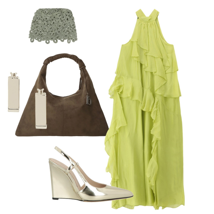 Outfit donna - Dolce vita in verde. Stile Romantica per Serata fuori. Abbinamento con décolleté, borse a spalla, vestiti lunghi, accessori per capelli, orecchini.