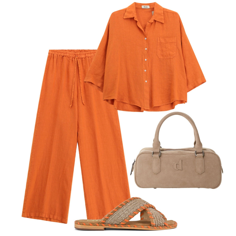 Outfit donna - Lino leggero e vivace. Stile Urban per Tutti i giorni. Abbinamento con borse a mano, camicie, pantaloni, ciabatte.