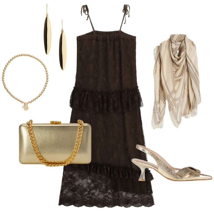 Outfit donna - Baci di Luna`. Stile Casual chic per Serata fuori. Abbinamento con sciarpe, décolleté, vestiti lunghi, collane, clutch, orecchini.