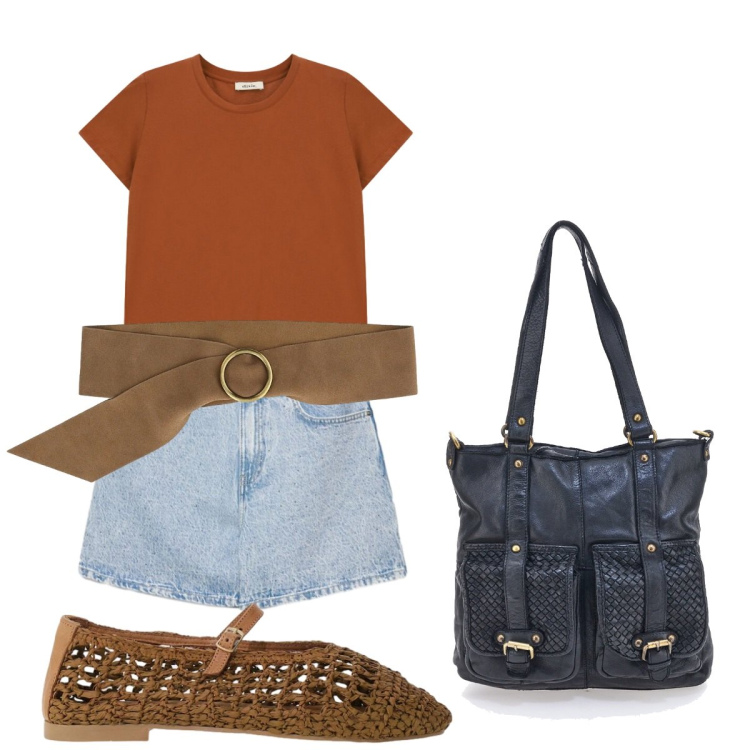 Outfit donna - Tempo Libero. Stile Casual chic per Tutti i giorni. Abbinamento con shorts, cinture, ballerine, t-shirt, borse a spalla.