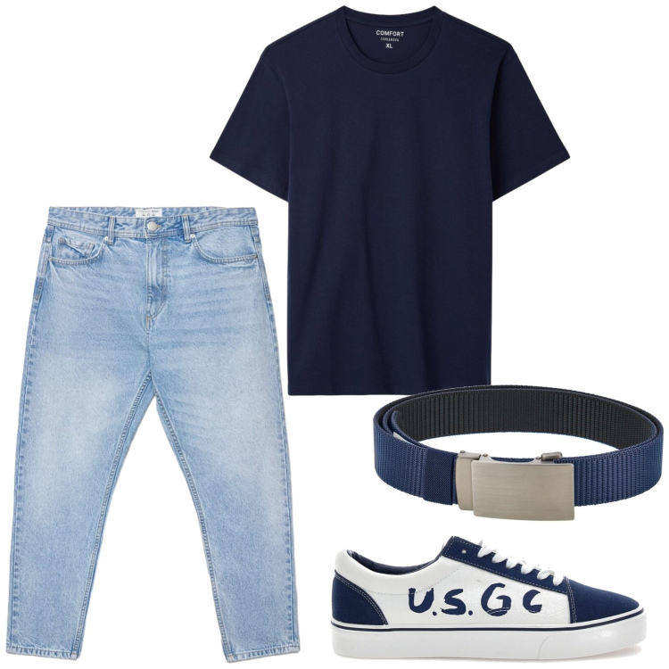 Outfit uomo - Basta una t-shirt. Stile Urban per Tutti i giorni. Abbinamento con jeans, t-shirt, sneakers, cinture.