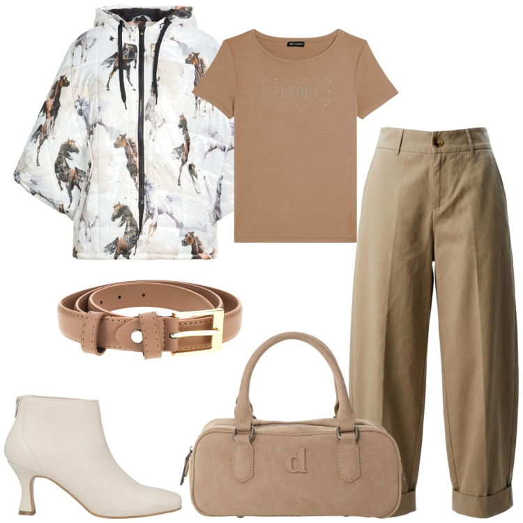 Outfit donna - Total look #2449765. Stile Casual chic per Tutti i giorni. Abbinamento con stivaletti, cappe, pantaloni, borse a mano, t-shirt, cinture.