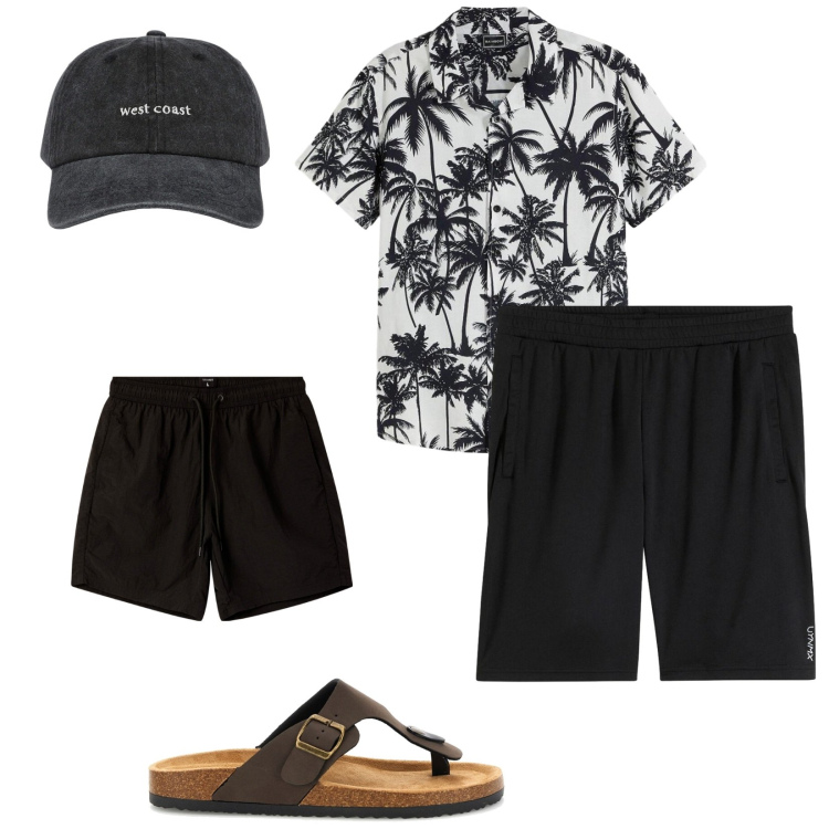 Outfit uomo - Total look #2449767. Stile Trendy per Mare. Abbinamento con camicie a manica corta, pantaloni corti, cappelli con visiera, costumi, sandali.
