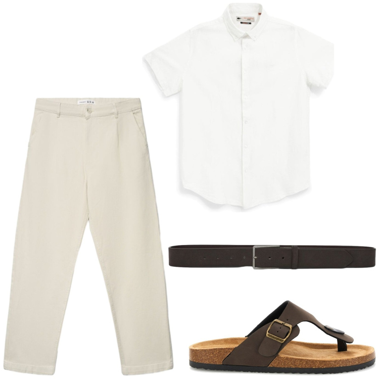 Outfit uomo - Toni terrosi. Stile Casual per Tutti i giorni. Abbinamento con pantaloni chino, cinture, sandali, camicie a manica corta.