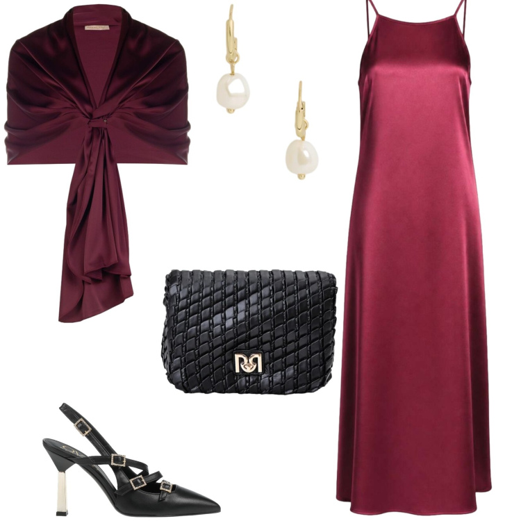 Outfit donna - Eventi importanti. Stile Chic per Cerimonia. Abbinamento con décolleté, vestiti lunghi, borse a tracolla, stole, orecchini.