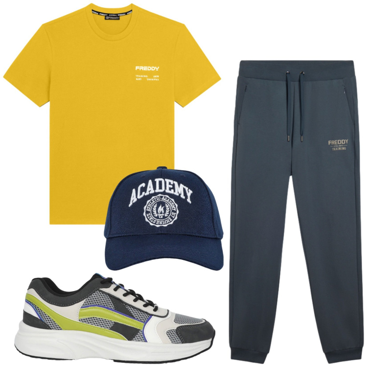 Outfit uomo - Total look #2449772. Stile Trendy per Sport. Abbinamento con sneakers, cappelli con visiera, t-shirt, pantaloni.