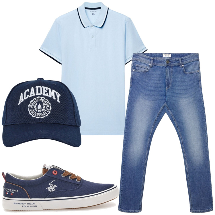 Outfit uomo - Total look #2449773. Stile Casual per Tutti i giorni. Abbinamento con cappelli con visiera, jeans skinny, polo, sneakers.