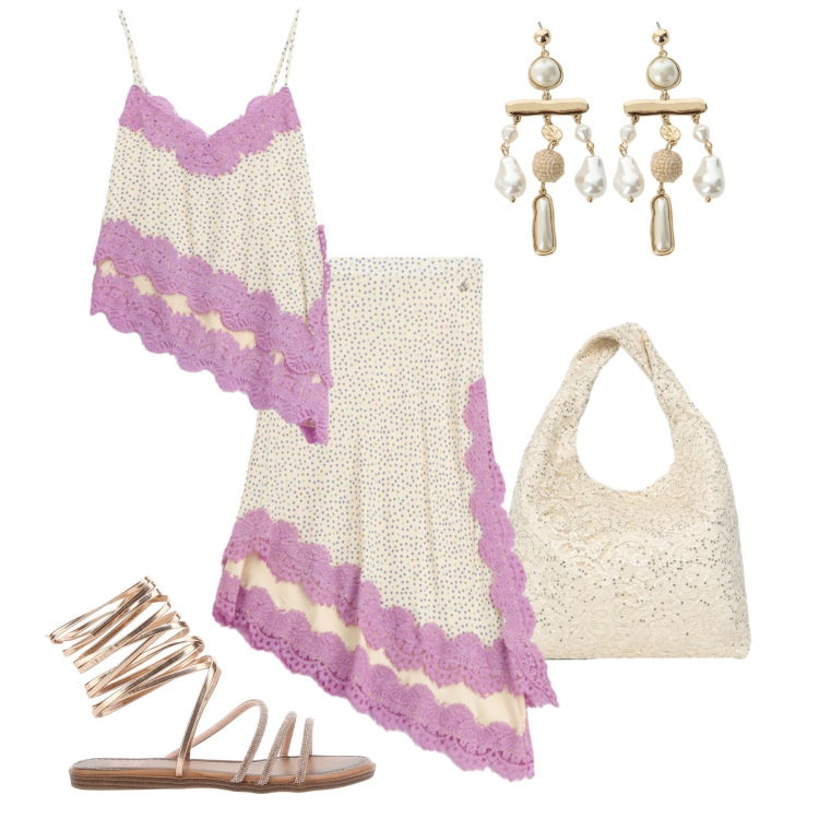 Outfit donna - Aperitivo vista mare - @francine. Stile Trendy per Serata fuori. Abbinamento con borse a spalla, gonne longuette, top, orecchini, sandali.