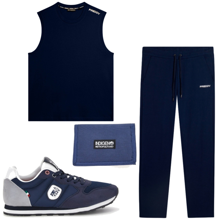 Outfit uomo - Total look #2449775. Stile Trendy per Sport. Abbinamento con pantaloni, canottiere, portafogli, sneakers.