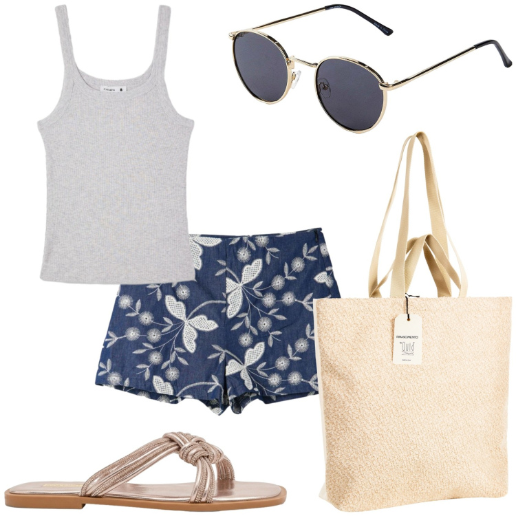 Outfit donna - Continua il caldo. Stile Casual per Tutti i giorni. Abbinamento con occhiali da sole, canottiere, shorts, borse tote, sandali.