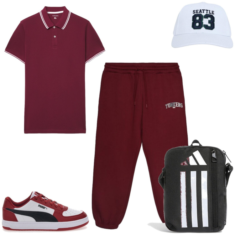 Outfit uomo - Total look #2449779. Stile Trendy per Sport. Abbinamento con cappelli con visiera, pantaloni, polo, borse sportive, sneakers.