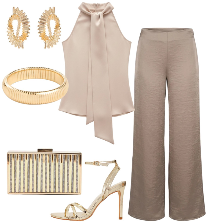Outfit donna - Cerimonia. Stile Chic per Cerimonia. Abbinamento con braccialetti, sandali col tacco, orecchini, top, clutch, pantaloni a palazzo.