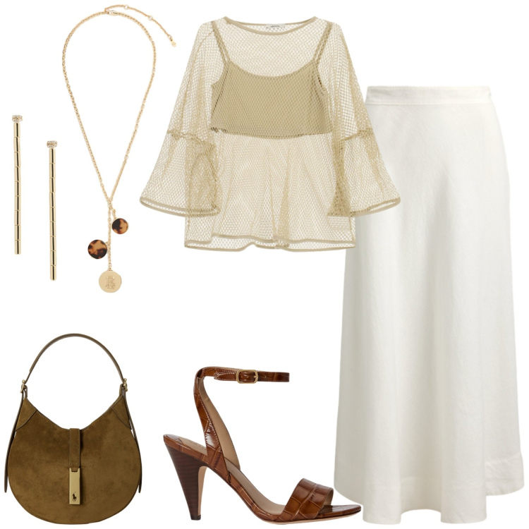 Outfit donna - Total look #2449782. Stile Minimal per Serata fuori. Abbinamento con top, borse a spalla, orecchini, collane, sandali in pelle, gonne.