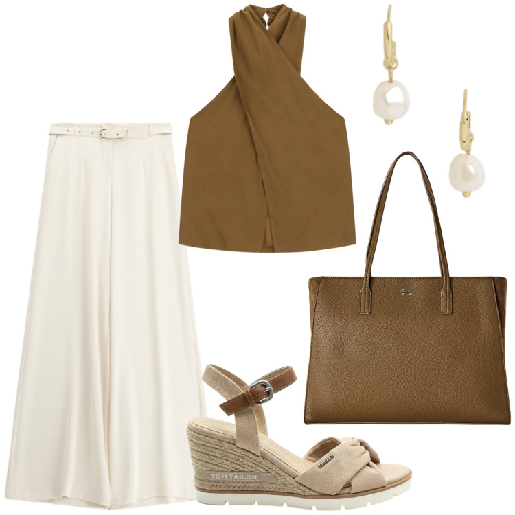 Outfit donna - Summer. Stile Chic per Tutti i giorni. Abbinamento con sandali col tacco, shopping bag, pantaloni a palazzo, top, orecchini.