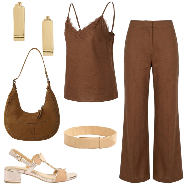 Outfit donna - Tempo libero. Stile Chic per Tutti i giorni. Abbinamento con sandali col tacco, borse a spalla, pantaloni, top, cinture, orecchini.