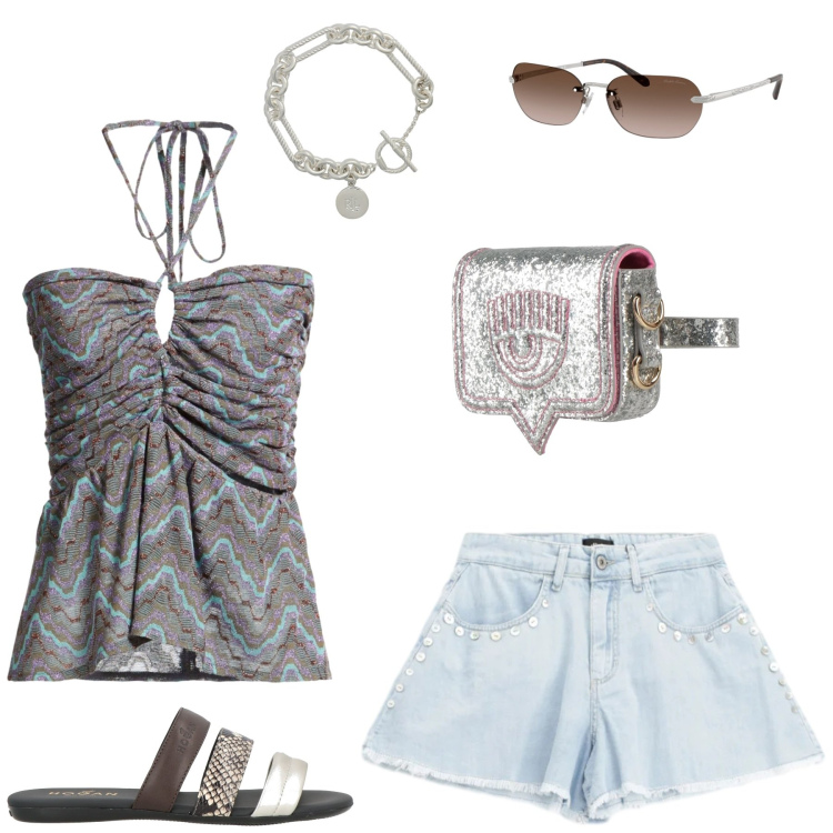 Outfit donna - Estate. Stile Casual chic per Tutti i giorni. Abbinamento con sandali in pelle, marsupi, top, shorts, braccialetti, occhiali da sole.