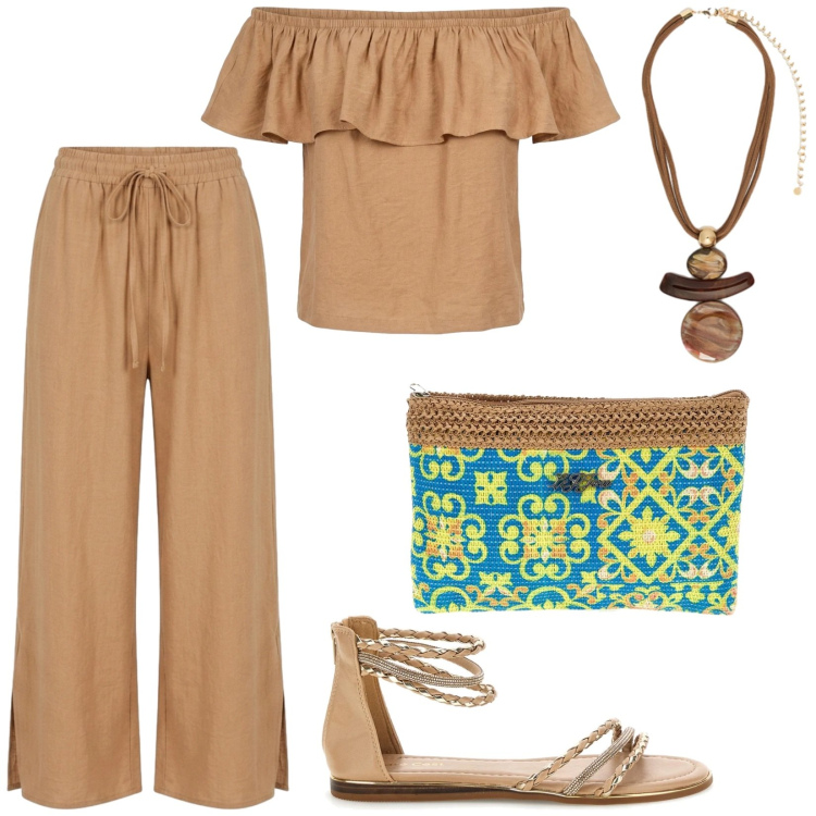 Outfit donna - Bella e comoda in vacanza. Stile Etnico per Mare. Abbinamento con pantaloni, top, ciondoli, pochette, sandali.