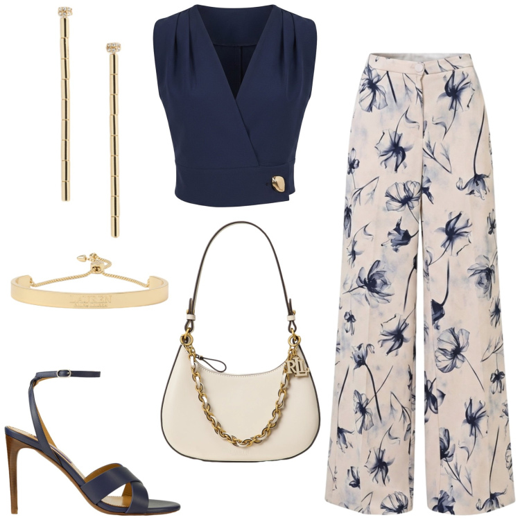 Outfit donna - Cerimonia. Stile Chic per Cerimonia. Abbinamento con top, pantaloni a palazzo, sandali col tacco, borse a spalla, orecchini, braccialetti.