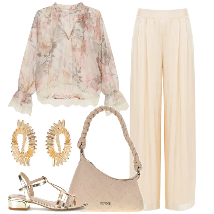 Outfit donna - Romantica al club. Stile Romantica per Serata fuori. Abbinamento con bluse, orecchini, pantaloni a palazzo, borse a spalla, sandali col tacco.