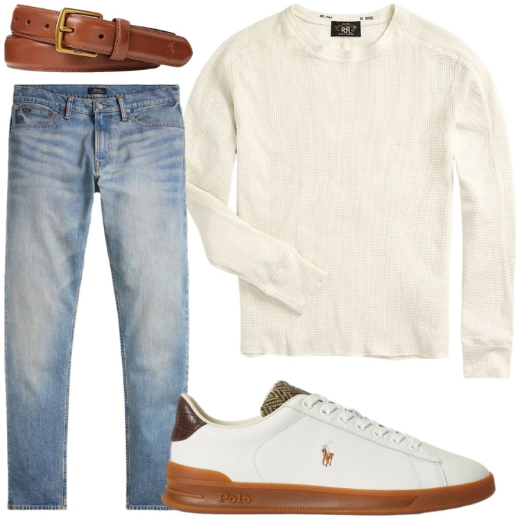 Outfit uomo - Maglia a nido d\'ape. Stile Casual per Serata speciale. Abbinamento con cinture, jeans, sneakers, maglieria.