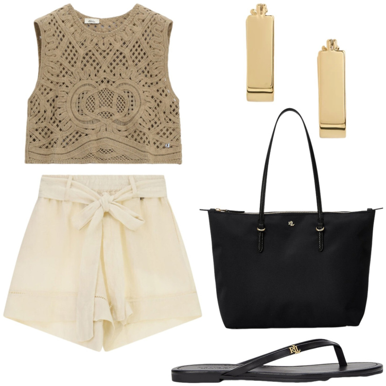 Outfit donna - Vacanza al mare. Stile Boho per Mare. Abbinamento con top, shorts, borse tote, ciabatte, orecchini.