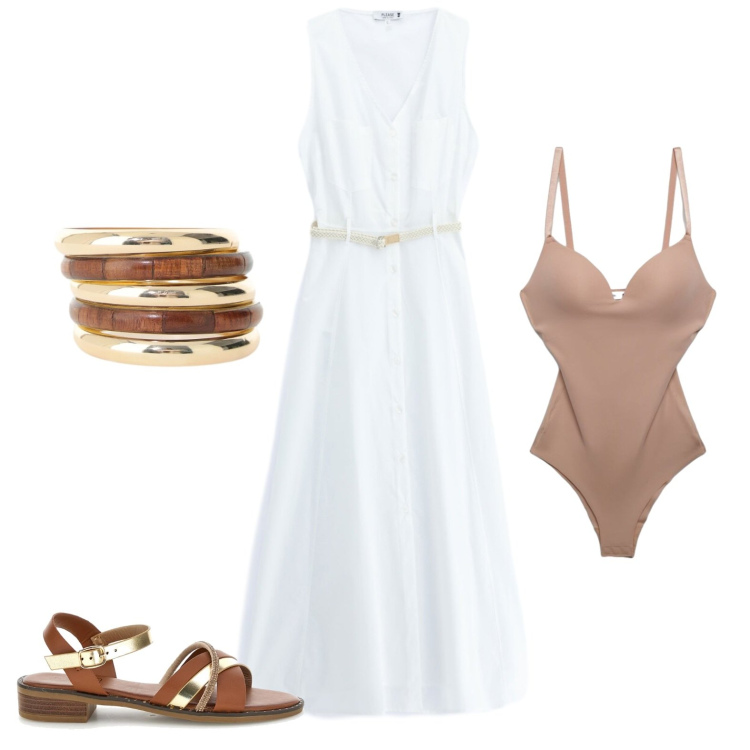 Outfit donna - Bianco e cuoio anche in estate. Stile Casual chic per Tutti i giorni. Abbinamento con body, vestiti lunghi, braccialetti, sandali.