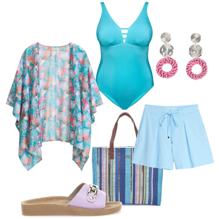 Outfit donna - Kimono trasparente in spiaggia. Stile Trendy per Mare. Abbinamento con orecchini, kimono, pantaloni corti, costumi interi, ciabatte, shopping bag.