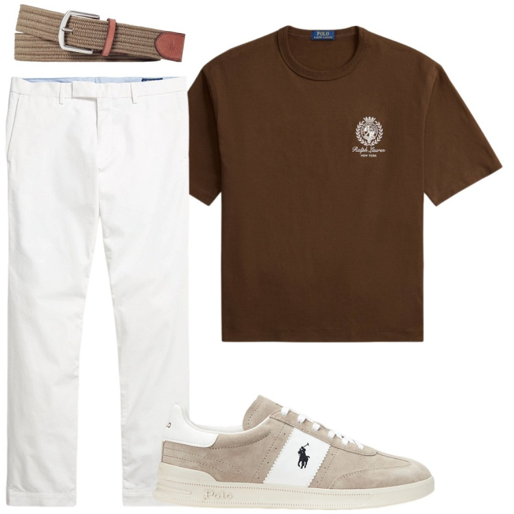 Outfit uomo - Maglie estive. Stile Trendy per Serata speciale. Abbinamento con cinture, sneakers, pantaloni chino, t-shirt.