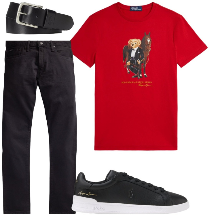 Outfit uomo - Total look #2449805. Stile Trendy per Tutti i giorni. Abbinamento con sneakers, jeans, t-shirt, cinture.