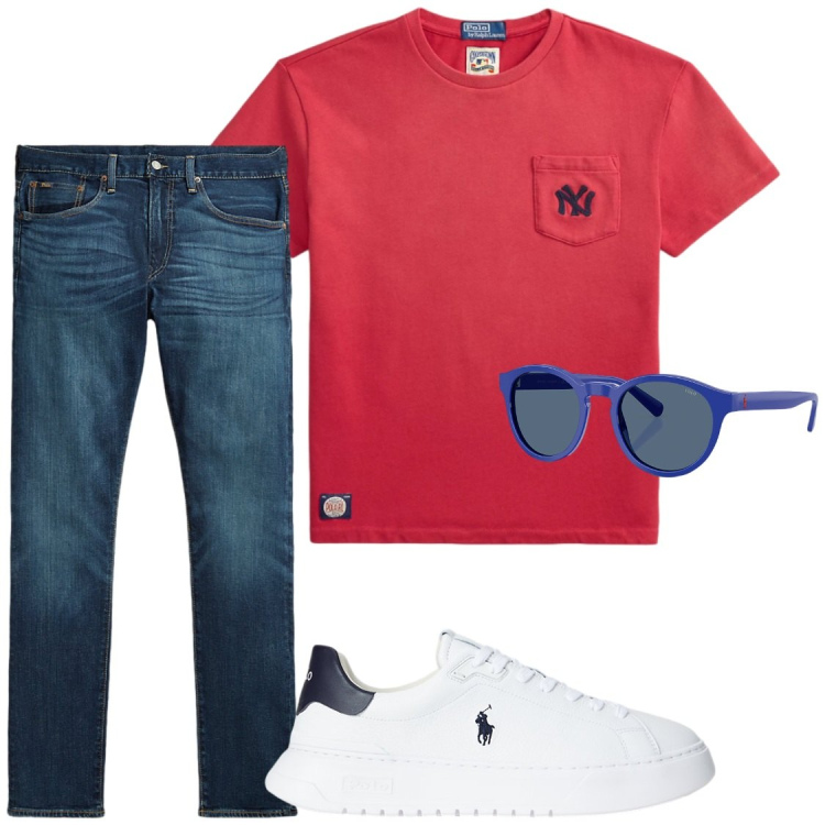 Outfit uomo - Total look #2449806. Stile Casual per Serata speciale. Abbinamento con sneakers, jeans, occhiali da sole, t-shirt.