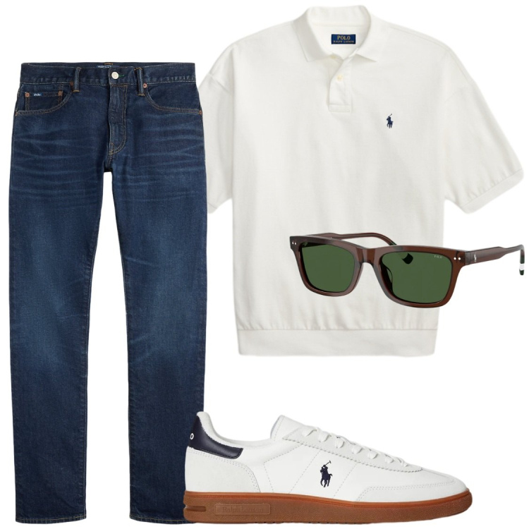 Outfit uomo - Raffinatezza in polo bianca. Stile Trendy per Serata speciale. Abbinamento con jeans, sneakers, occhiali da sole, polo.