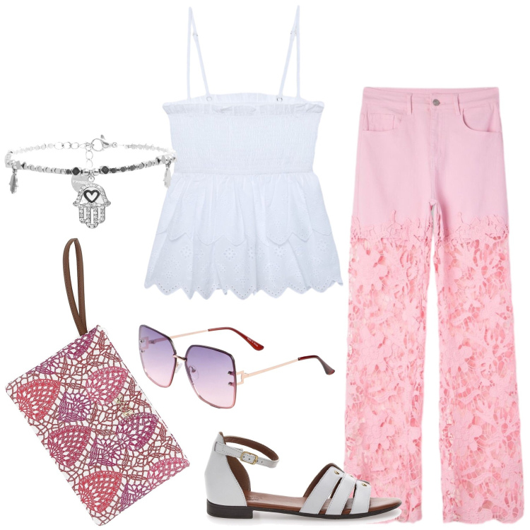 Outfit donna - Trafori. Stile Romantica per Tutti i giorni. Abbinamento con occhiali da sole, canottiere, jeans dritti, braccialetti, sandali, pochette.