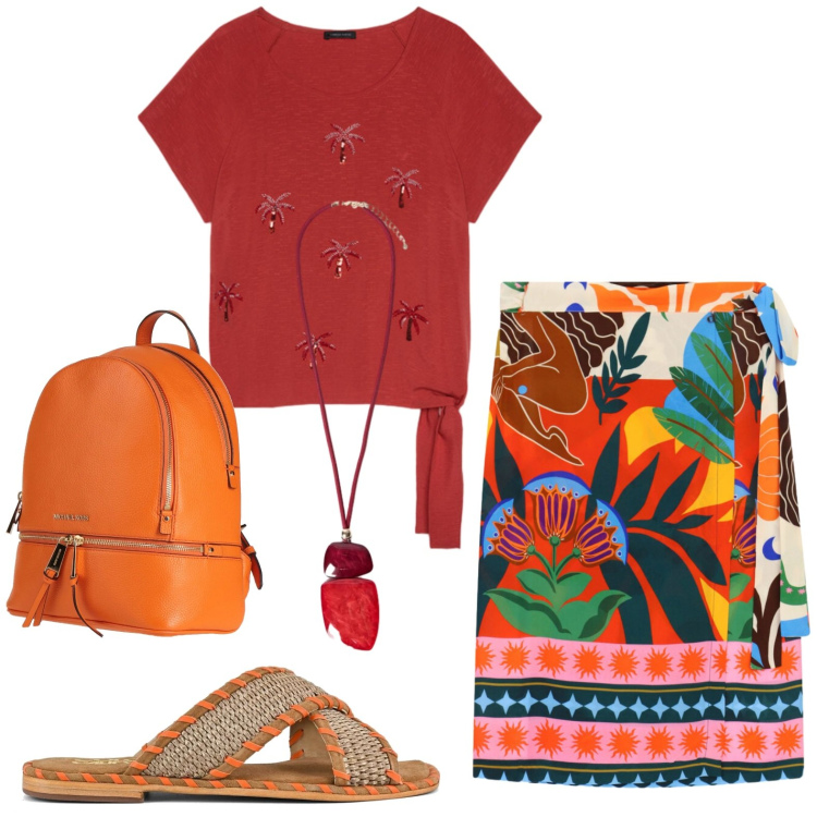 Outfit donna - Vacanza. Stile Casual per Mare. Abbinamento con zaini, gonne longuette, top, ciondoli, ciabatte.