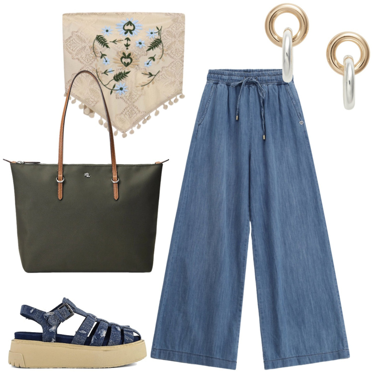 Outfit donna - In vacanza. Stile Boho per Tutti i giorni. Abbinamento con jeans, top, borse tote, orecchini, sandali.