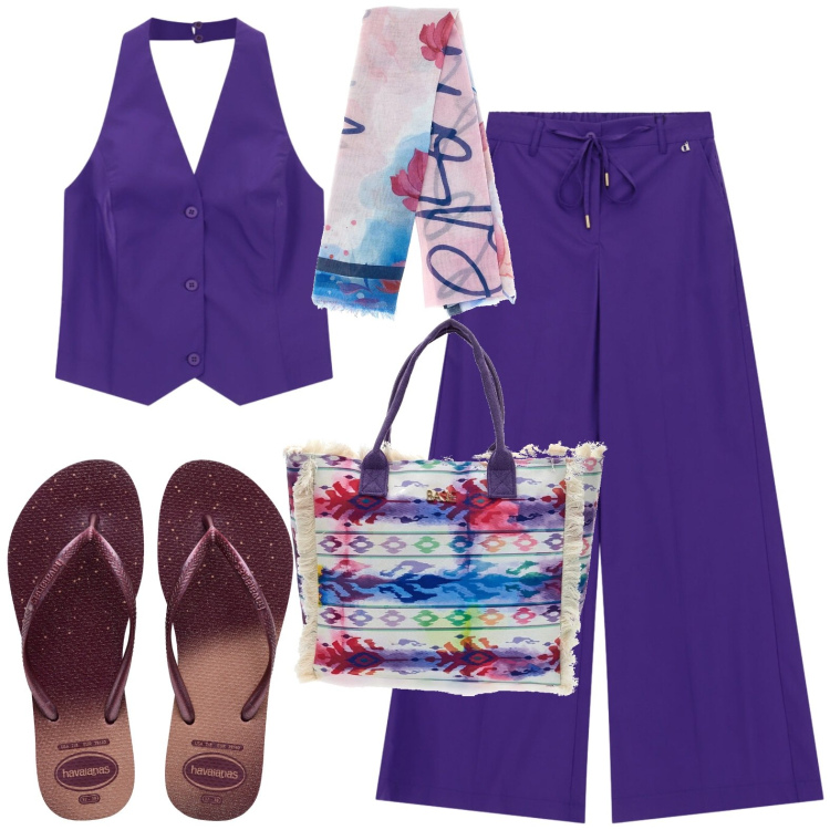 Outfit donna - Vacanza. Stile Casual per Mare. Abbinamento con bralette, pantaloni a palazzo, gilet, infradito, foulard, shopping bag.