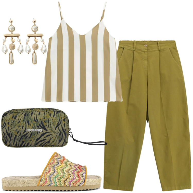 Outfit donna - Vacanza. Stile Casual per Tutti i giorni. Abbinamento con orecchini, top, pantaloni, valigie, sandali.